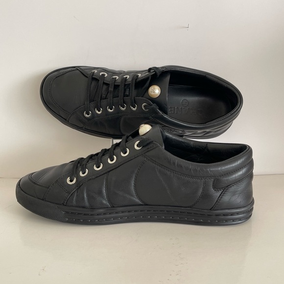 CHANEL Runway Women's Pearl Logo Black Leather Sneakers - Picture 3 of 13